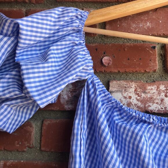 Lucy Wang blue gingham plaid off the shoulder puffy sleeves ruffle blouse small - Picture 4 of 5